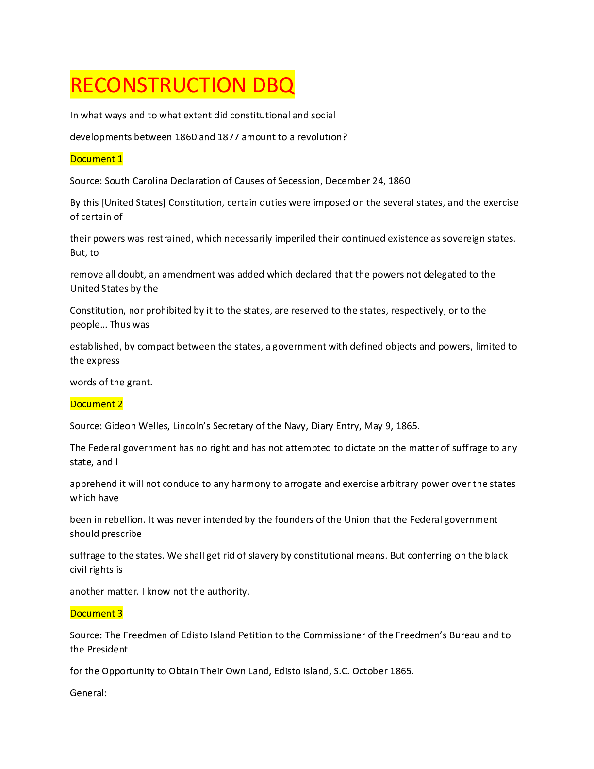 Preview image of HIST 181RECONSTRUCTION DBQ 20189 document